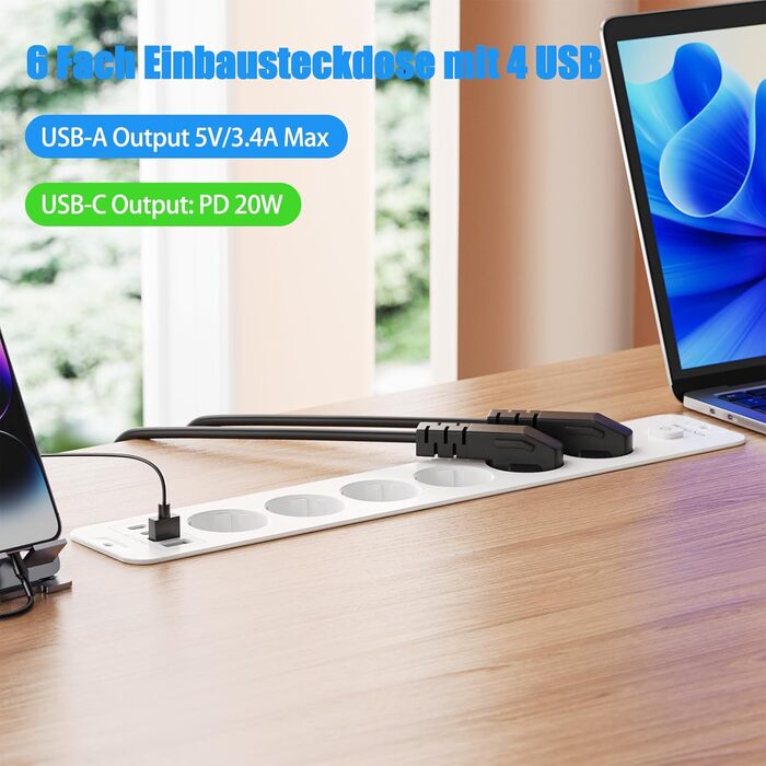 Мережевий фільтр 6-фазовий з USB-портами (4 USB-A, 2 USB-C), з вимикачем, білий, PD 20W