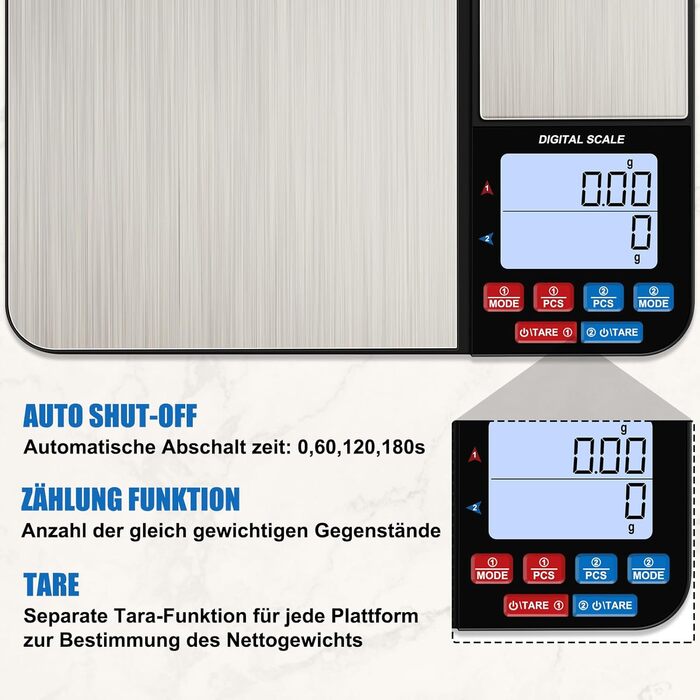 Кухонні ваги Diyife з двома платформами, 10 кг/1 г та 500 г/0.01 г, цифрові, з функцією тарування, підрахунку, автовимкнення, для кухні, ювелірних виробів, випічки та приготування їжі, з батарейками