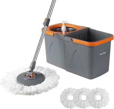 Набір для миття підлоги Rainberg Spin Mop з відром: 3 змінні насадки, висувний 130 см, мікрофібра, самовіджимання, сірий та помаранчевий
