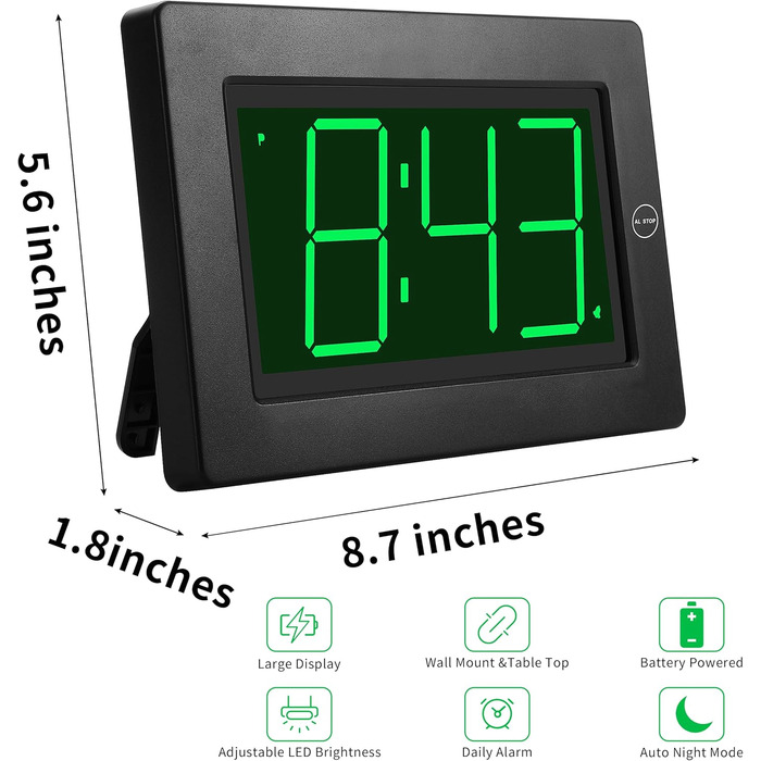 KWANWA Alarm Clock, 8-Inch Large Screen, Digital Battery-Powered Alarm Clock, Automatic Dimming Mode, Large Tick-Free Wall Clock, Table Clock for Bedroom, Office, Living Room, Seniors, 12-Hour Mode