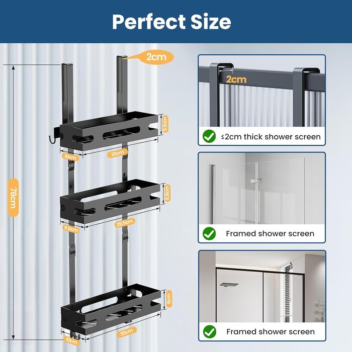 Настінна поличка для душу YEAUPE PRO 3 яруси – органайзер для ванної кімнати без свердління, з 2 присосками, 6 гачками, чорний, до 18 кг
