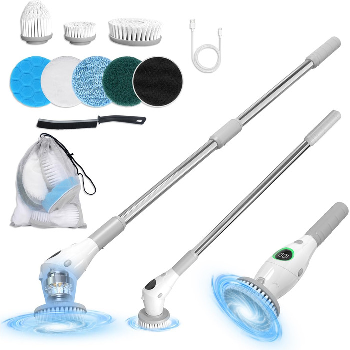 Electric Cleaning Brush, Electric Spin Scrubber Cordless with 8 Interchangeable Brush Heads, 3 Speed, Adjustable Handle, LED Display Electric Brush for Bathroom, Kitchen, Car, Tiles