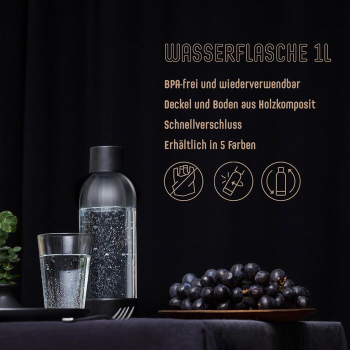 MySoda Pack Woody: Газова машина для води з екологічного дерева з пляшкою Quick-Lock PET та CO2 балончиком (чорний)