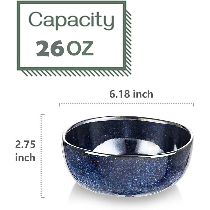 Набір керамічних мисок Vicrays (6 шт., 750 мл) - для супу, салату, рису, десерту, крему. Миски з кераміки, стійкі до сколів, можна мити в посудомийній машині та використовувати в мікрохвильовці.