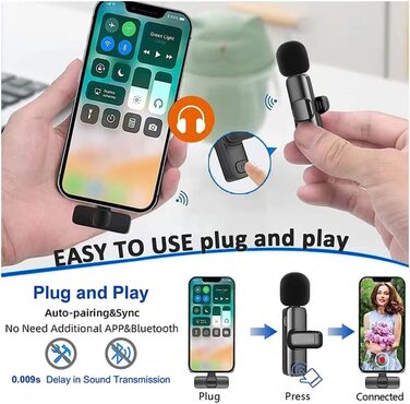 Беспроводной петличный микрофон 2St для iPhone/iPad: Plug-and-Play, шумоподавление, для видеоблогинга, YouTube, TikTok (2 шт.)