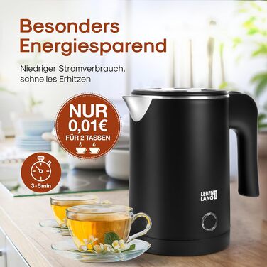 Електричний чайник для подорожей LEBENLANG Edelstahl 500 мл - нержавіюча сталь, BPA-Free, 600W, білий, енергоефективний, 0.5 л, для кемпінгу та подорожей (чорний)