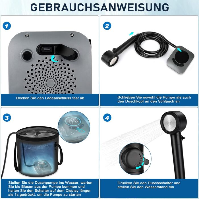 Портативна душ для кемпінгу з насосом та індикатором температури, 8000mAh, сірий. Комплект для відпочинку на природі, автомийки, пляжу, подорожей та догляду за тваринами.