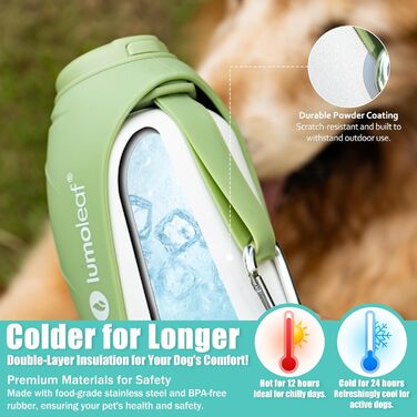 Термофляга для собак LumoLeaf з нержавіючої сталі, 800 мл, зелена - зберігає воду холодною/теплою, довговічна, портативна
