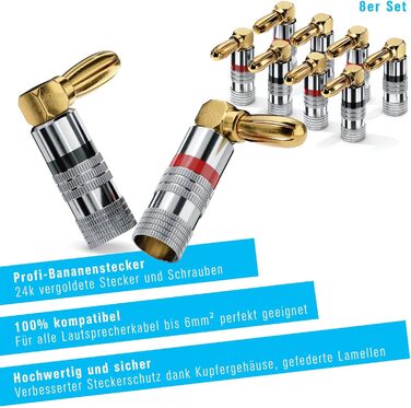 Бананові конектори Sonero® для акустичних кабелів до 6 мм², 4 шт. з кольоровим кодуванням (12x червоний, 12x чорний), 24K позолота (8 шт., кут 90°, Single)