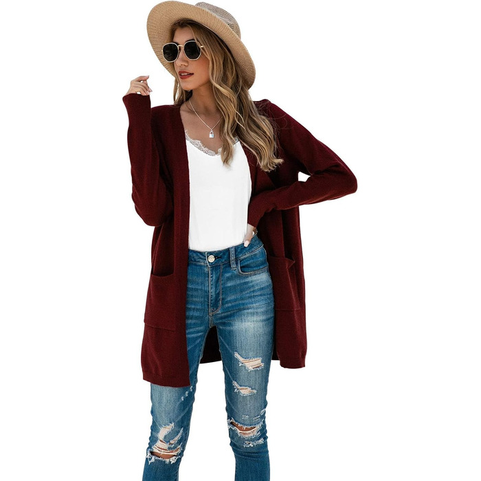 Кардиган жіночий Saodiallsu з довгими рукавами, легкий, однотонний, з кишенею (Вишневий, L)