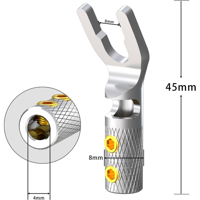 Конектори для акустичних кабелів Monosaudio SY1508R, позолочені (родий), Y-подібні плоскі клеми з гвинтовим затискачем, 8 шт. (для кабелів до 4,5 мм)
