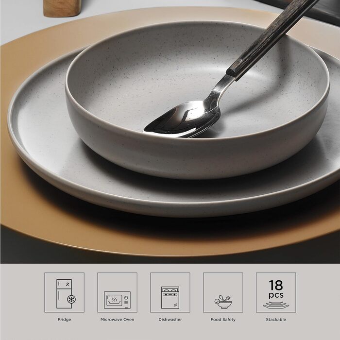 Набір посуду Kutahya Porselen (18 частин) – серія Modernes Porzellan, сірий колір. 12 елементів для 4 осіб: тарілки, супові тарілки, миски. Підходить для миття в посудомийній машині. Елегантний дизайн для щоденного використання та гостей.