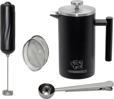 Набір для приготування кави френч-прес, термоізольований, з пітчером для спінювання молока, нержавіюча сталь (чорний, 1 літр)