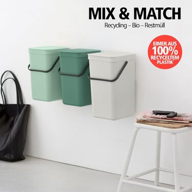 Сміттєвий кошик Brabantia Sort & Go з кришкою, 16 л, Jade Green (світло-зелений) — компактний контейнер для сортування відходів та тари