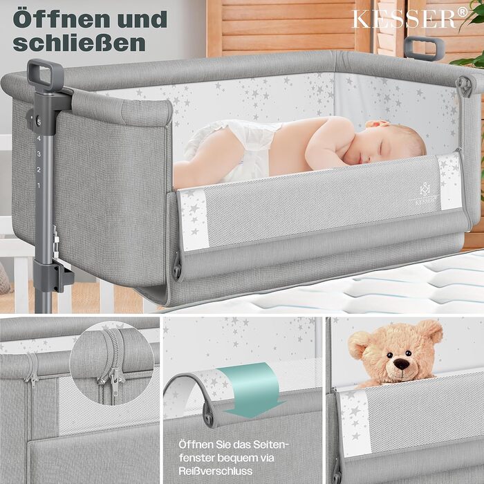 KESSER® Hubi 3in1 Bedside Bed, Travel Bed, Baby Bed with Soft Mattress, Mobile Bed, 5-Level Height Adjustment, Foldable Side Rail for Home and On the Go, Light Grey
