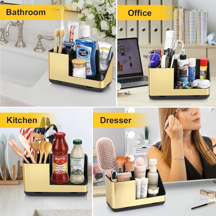 Тримач для зубних щіток у ванну кімнату: органайзер з отвором для стоку, для електричної та звичайної щітки, сірий (Brushed Gold)