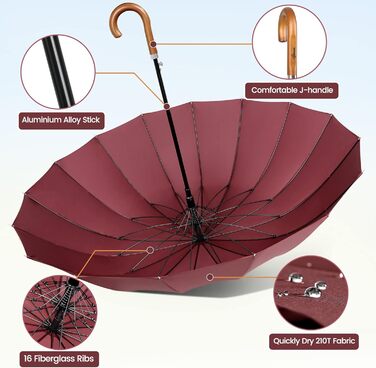 NINEMAX Large Windproof Umbrella - Wooden Handle Walking Umbrella for Men & Women - 16 Ribs Automatic Open - Burgundy