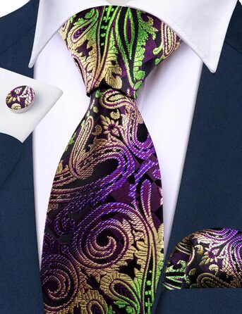 Краватка чоловіча Barry.Wang однотонна павлижий візерунок сатин з нагрудною хустинкою для весілля, золотисто-фіолетова