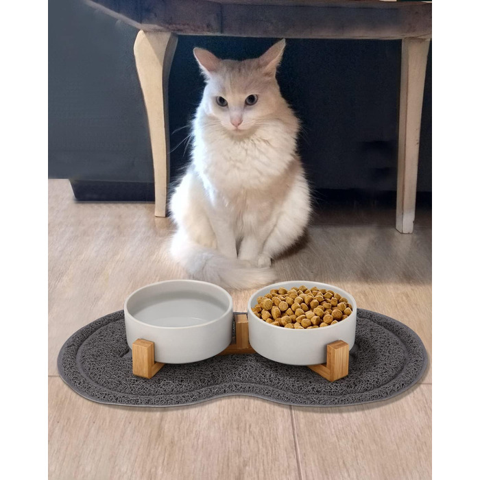 Миска для корму для собак і котів з кераміки з бамбуковим підставкою та антиковзним килимком (400 мл, 2 шт., зелений/сірий)