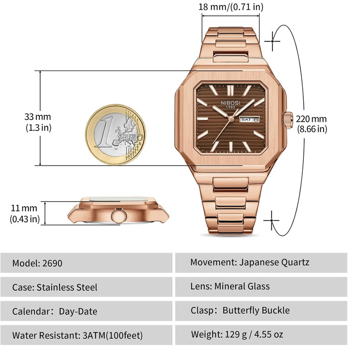 Годинник чоловічий NIBOSI: кварцовий, з нержавіючої сталі, Military, водонепроникний, квадратний, класичний, бізнес-стиль (рожево-коричневий)
