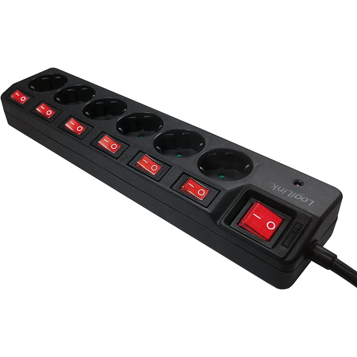 Смуга живлення LogiLink LPS233 6-fach з вимикачами та захистом від перенапруги (Schutzkontakt) - CEE 7/3, з дитячим замком, чорна