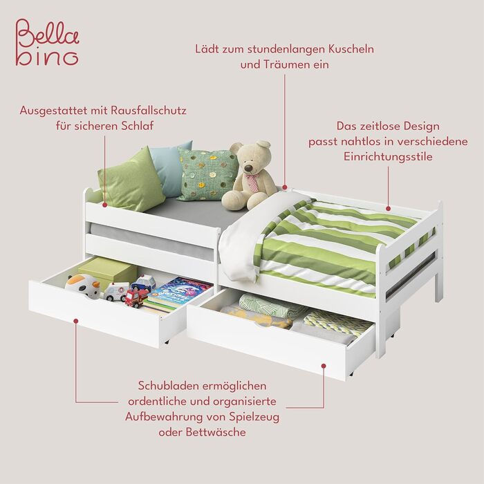 Bellabino Kinderbett Kuru 90x200 with 2 Drawers, Single Bed for Children incl. Fall Protection and Slatted Frame, White Children's Bed, Bed for Boys and Girls with Drawers White