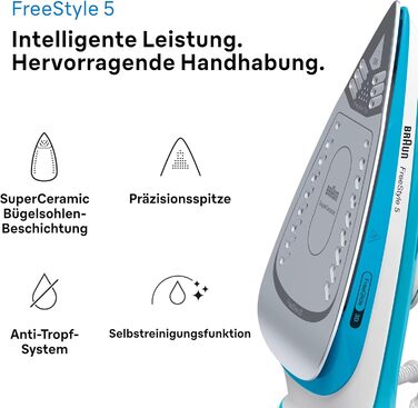 Відпарювач Braun FreeStyle 5 SI 5037 VI - потужний праска з підошвою Freeglide 3D, вертикальним відпарюванням, 2700 Вт, 200 г/хв, резервуар 330 мл (блакитний)