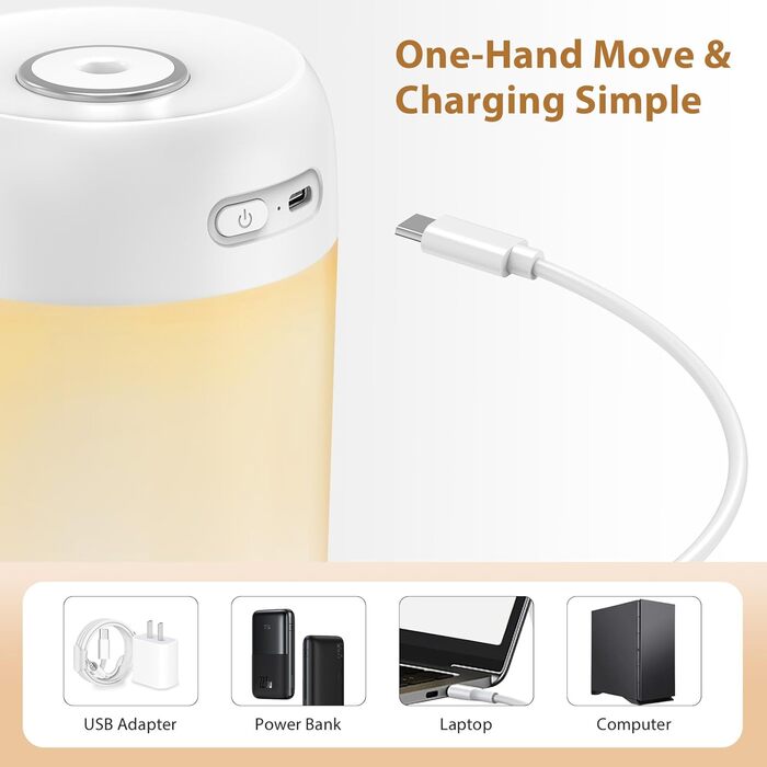 Зволожувач повітря для спальні та кімнати дитини, компактний, тихий, бездротовий, 650 мл, білий