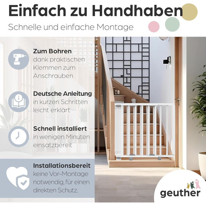 Захист для сходів Geuther Oris | Дверний захист для сходів з кріпленням, 2 клямки для поручнів, ширина | Стабільний захист з розпадною дверцятами | Дерев'яне дитяче гiтер, натуральний лак (білий, 95-135 см)