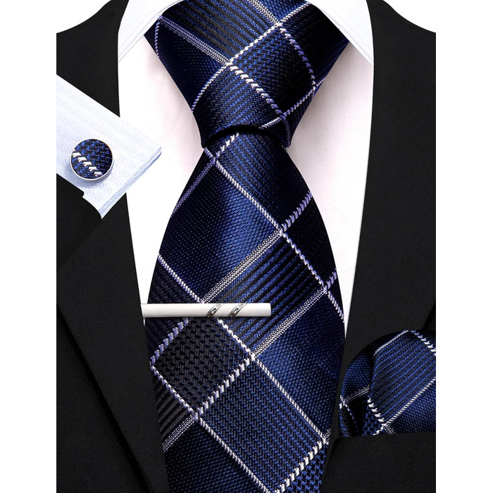 Чоловіча краватка Barry.Wang з кишеньковим хустинкою та запонками, набір в клітинку, блакитна для весілля та урочистих заходів