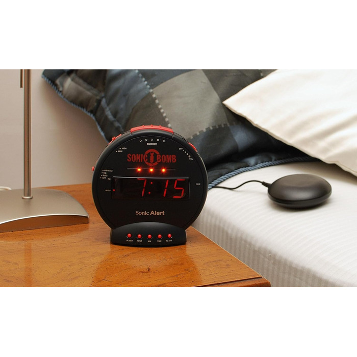 Geemarc Sonic Bomb - Alarm Clock with Super Strong Alarm, Vibration Pad, and Snooze Function - For the Hard of Hearing and Heavy Sleepers - Version DE