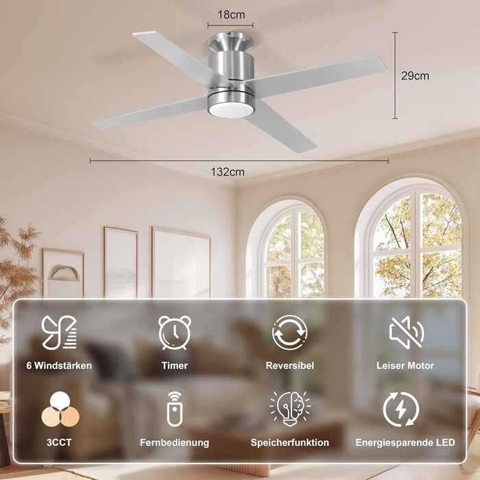 Стеляний вентилятор Ohniyou з підсвічуванням та пультом керування – 96,5 см (38 дюймів). Тихий, димування, для спальні, тераси, внутрішнього/зовнішнього використання (нікель, сучасний)