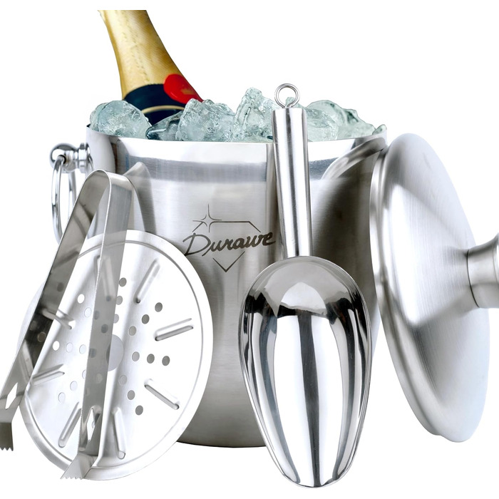 3L Insulated Ice Bucket, Premium Double-Walled Ice Cube Container with Lid, 3 Liter Stainless Steel Ice Bucket for Party, Strainer, Ice Tongs, Ice Scoop, Ice Cooler, Ice Container Ice Cube Bucket Ice Box