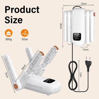 Електричний сушильник для взуття 2 пари, з таймером 1/3/6 год та 2 швидкостями, UV-лампа, складаний дизайн, для взуття, рукавичок, шапок, шкарпеток, лижних черевиків