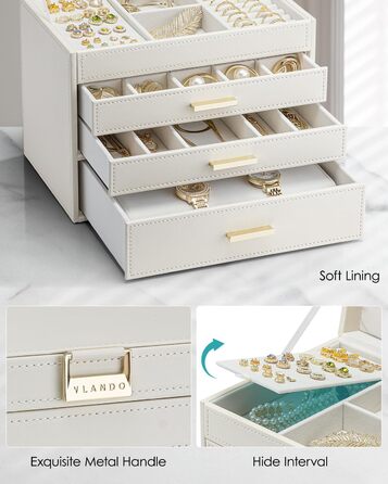 Шкатулка для прикрас Vlando Modern Beige з 6 ярусами, дзеркалом та відділеннями для годинників, органайзер для ювелірних виробів, подарунок для жінок