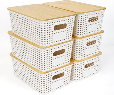 UHAPEER Storage Box with Bamboo Lid, 6 Piece Storage Basket, Plastic Basket Storage, Kitchen Organizer White, Stackable Storage Boxes, Box with Lid 25.6 x 18 x 10.7 cm