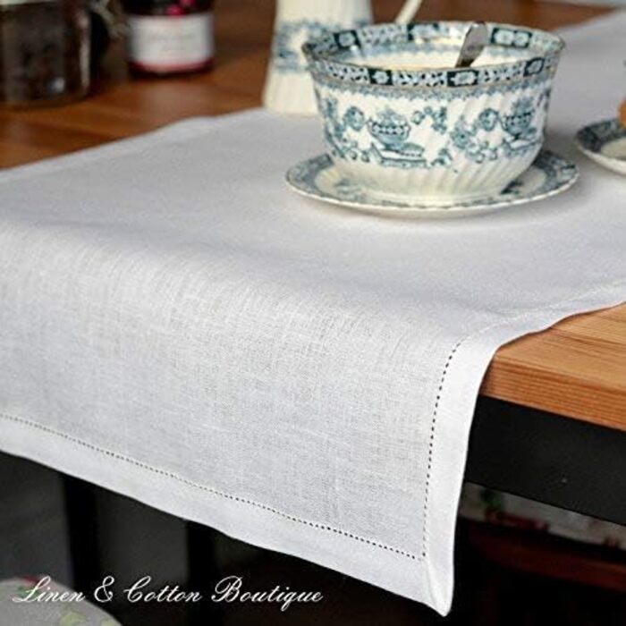 Linen & Cotton High-Quality and Elegant Table Runner Fabric/Table Band with Hollow Edge Florence - 100% Linen, 43 x 180cm (White/Weiss), Ideal for Wedding, Catering, Hotel