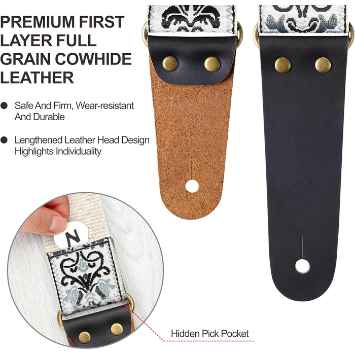 Гітарний ремінь Vintage з вишивкою з бавовни з кінцями з натуральної шкіри для бас-гітари, електро- та акустичної гітари, з безкоштовними кнопками для ремінця, 1 пара замків для ремінця та 4 медіатори D# - Біла квітка