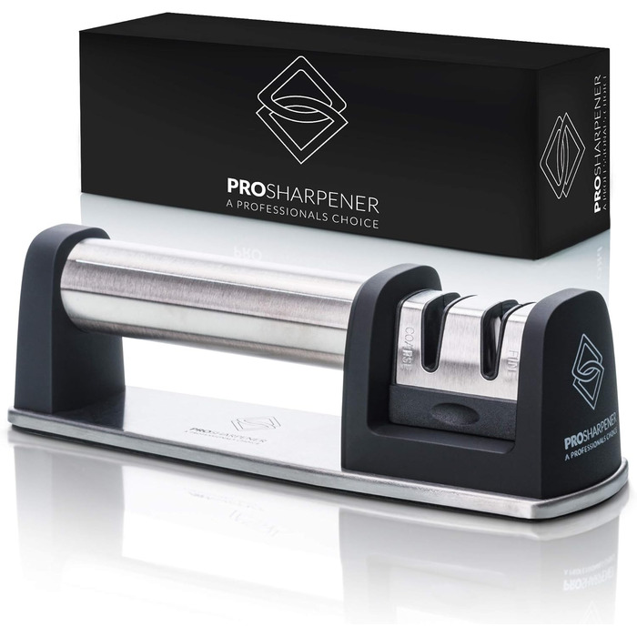 Точилка для ножів Spitzer Premium ручна, 2 ступені, для сталевих ножів, з антиковзною основою, нержавіюча сталь/чорний