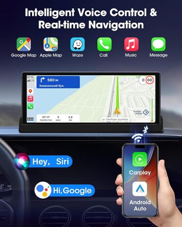 Автомобільний дисплей 10,26'' CarPlay/Android Auto з сенсорним екраном, підставкою, камерою заднього виду, GPS-навігацією, підтримкою Siri/Google для авто 2025, Buddy Display