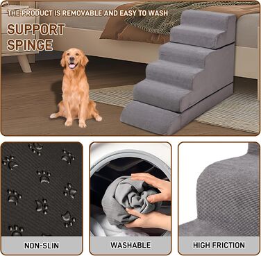 Сходинки для собак LitaiL з 6 сходинками, сірі. Підходять для високих ліжок, 63.5–76.2 см. Безпечні, з антиковзким покриттям. Ідеально для маленьких та великих собак.