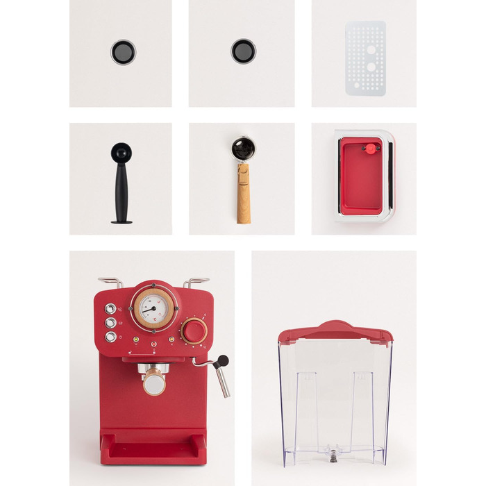 CREATE / THERA MATT RETRO /Espresso Machine Cream White Matt and Wood /Semi-Automatic, with a 15 bar pressure pump and 1100W, 1.25L water tank, for ground coffee, 55 mm. ESE pods (Rot Matt - Wood)