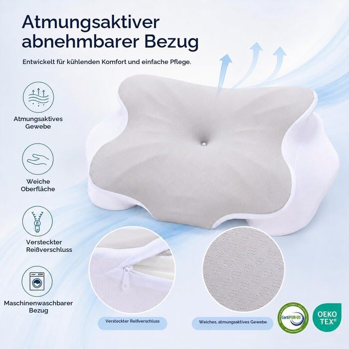 Ергономічна подушка з ефектом пам'яті (Memory Foam) для підтримки шиї та голови, універсальна для всіх поз сну, сіро-біла