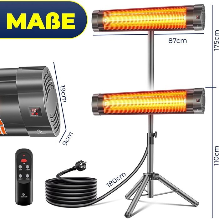 Інфрачервовий обігрівач KESSER® 2500W з пультком та захисним чохлом, телескопічна стійка, для тераси та вітальні