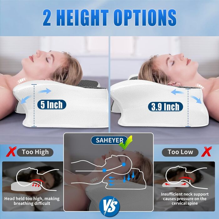 Подушка для шиї SAHEYER з Memory Foam, ортопедична, ергономічна, для тих, хто спить на боці, 60 x 35.5 x 10/13 см (Сіра)