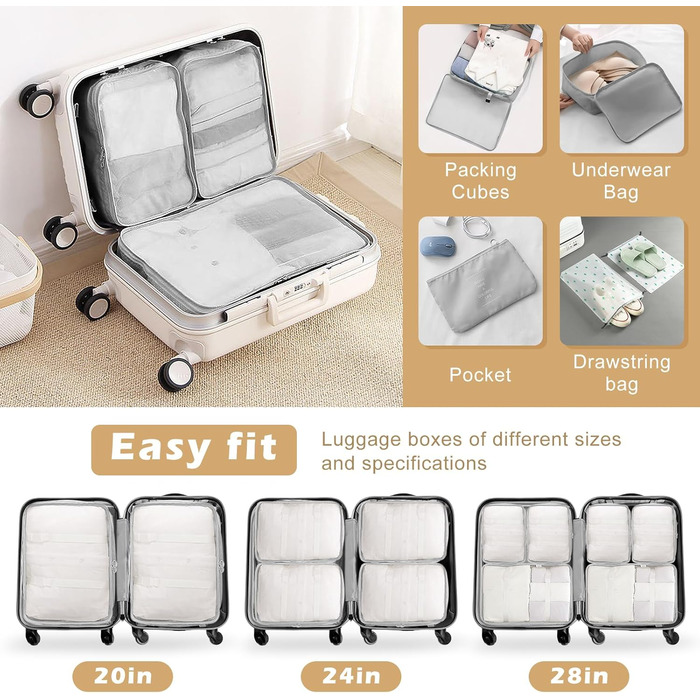 Органайзер для валізи Gemtte 13-ти частинний, водонепроникний, набір для подорожей (сірий)