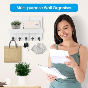 Дерев'яне ключниця з поличкою, 5 гачків, для прихожої, спальні, вітальні, білий колір