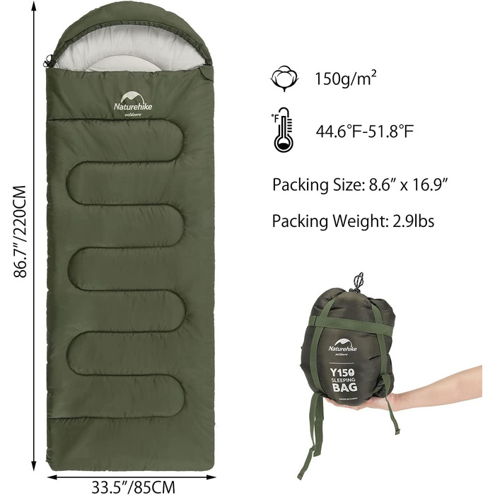 Бавовняний спальний мішок-худі Naturehike Y150L, температурний режим -6°C, зелений, лівий