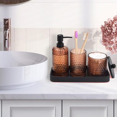Набір аксесуарів для ванної кімнати, 4 шт. з бурштинового скла: дозатор мила, тримач для зубних щіток, контейнер для ватних паличок та піднос з штучного каміння. Організатор для стільниці.
