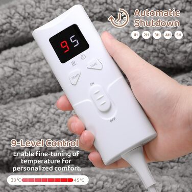 Електрична гріюча ковдра TLGREEN 180x130 см з м'якою підкладкою, імітація овечої шкури, з автовимкненням, двостороння, захист від перегріву, таймер, 9 температурних режимів, пральна, ковдра для дивана, ліжка, офісу, коричнево-сіра